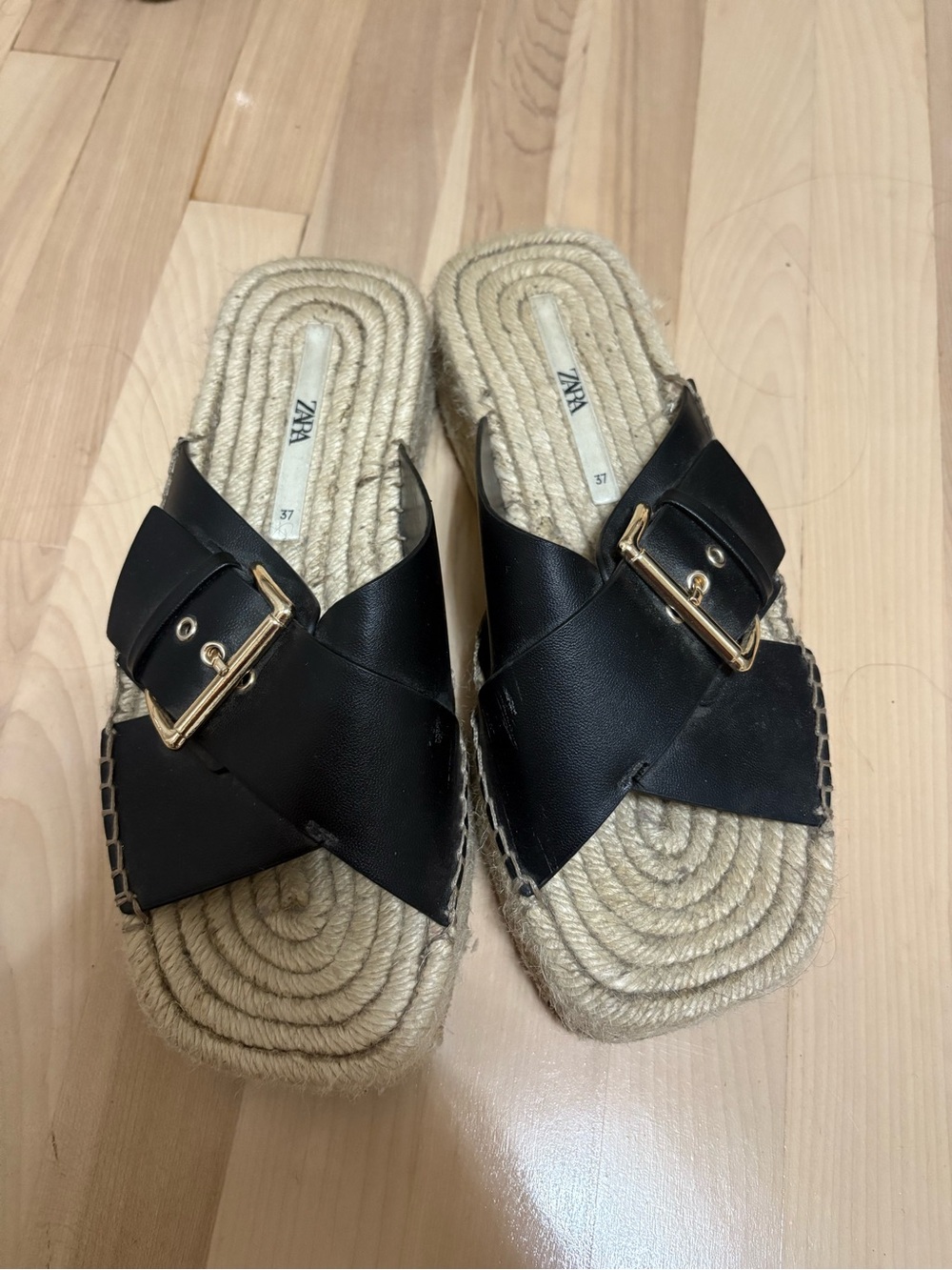 Zara Black Leather Buckle Espadrille Slide Sandals